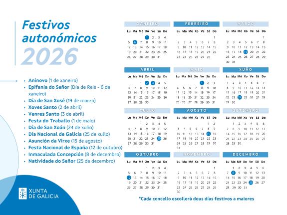 Imaxe da nova:A Xunta publica o calendario laboral para 2026 e fixa como festivos propios o 19 de marzo, o 24 de xuño e o 25 de xullo